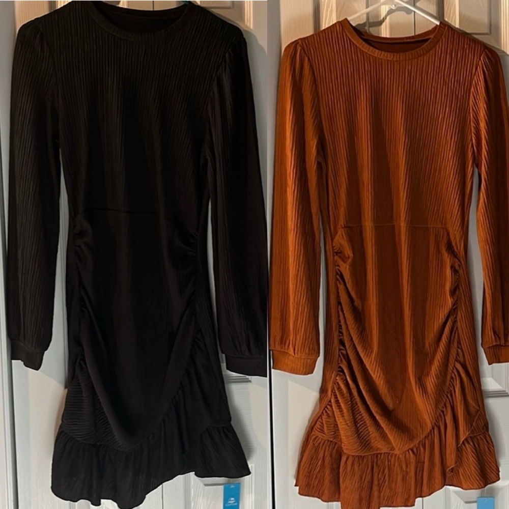 2 Cupshe Women's Fall Ruched Bodycon Mini Dress – Long Puff Burnt Orange/ black